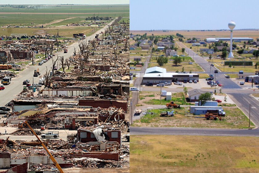 Then and now: A tornado leveled most of Greensburg, Kan., on May 4, 2007. It has since rebuilt as an environmentally friendly city.