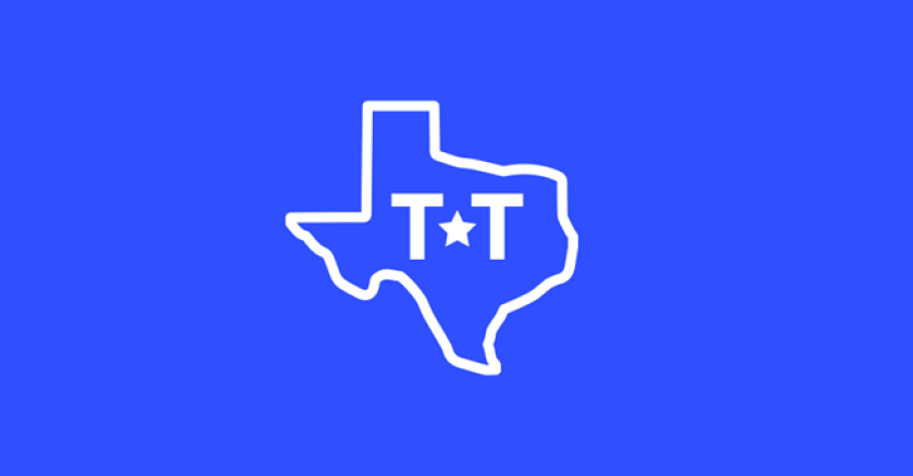 The Texas by Texas logo. A white outline of Texas with a T, a star, and a second T inside it, also all in white. The background is blue.