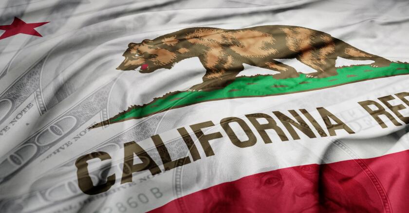 A closeup of the California state flag overlayed on a pile of cash.