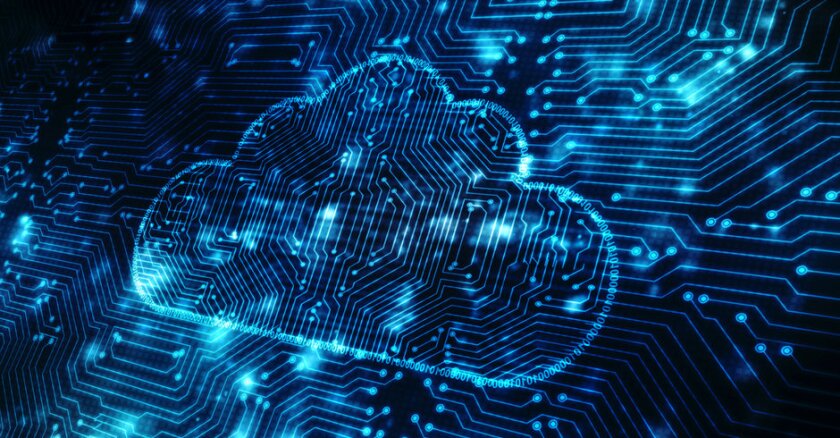 An outline of a cloud in light blue against light blue dots connected by lines like a circuit board, also in light blue. Black background.