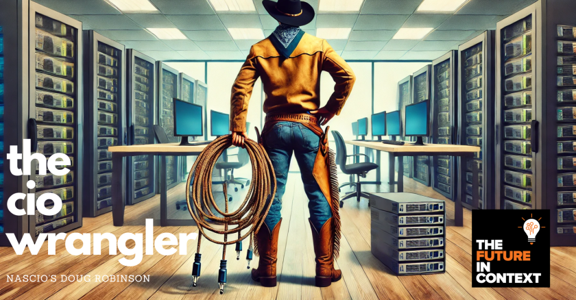 AI-generated, photo-realistic visualization of a cowboy preparing to wrangle things in a data center.