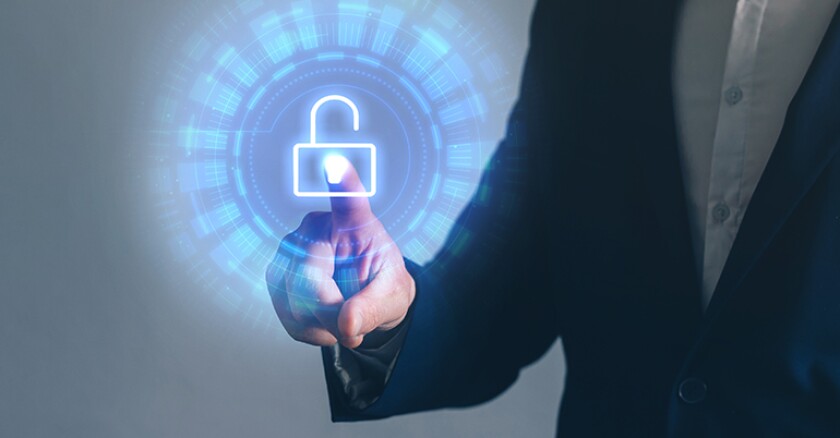 A person pointing to a digital image of a lock opening.