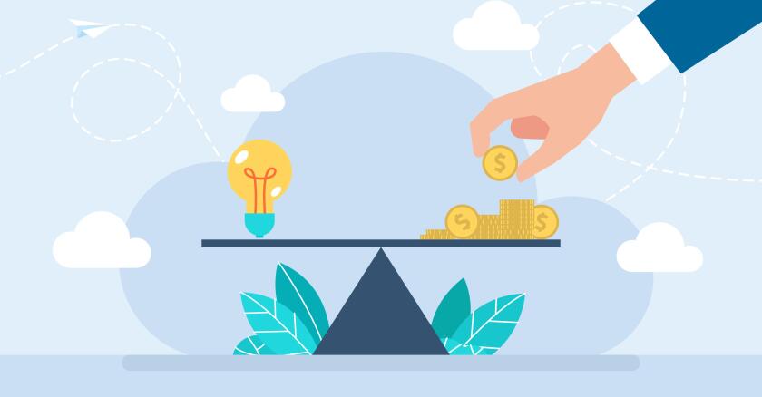 Illustration of a scale with a lightbulb to represent innovation on one side and a person adding to a pile of coins on the other. Light blue bckground.