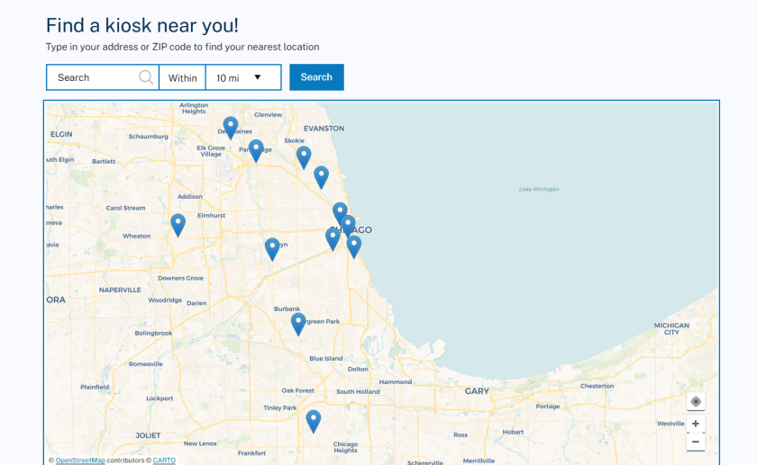 Screenshot of a map of kiosks from the Illinois Secretary of State's website: https://www.ilsos.gov/kiosks. The image reads: Find a kiosk near you!