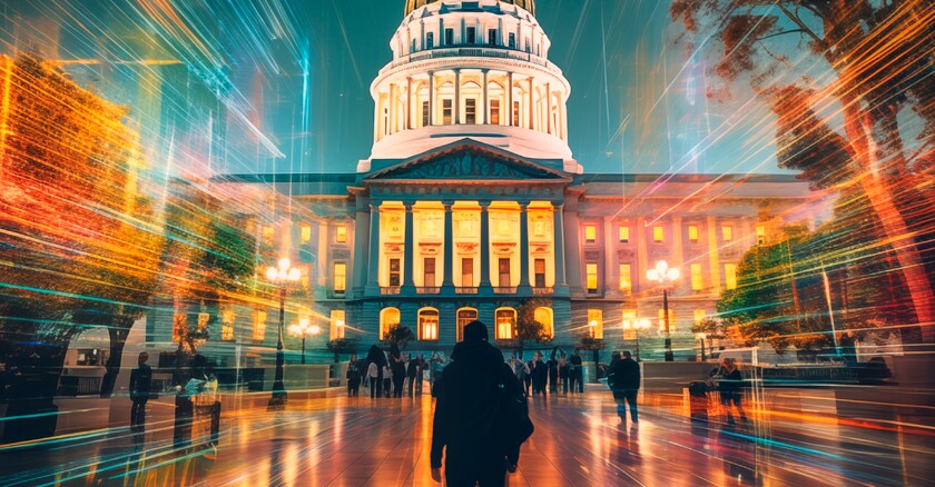 AI-generated illustration of lights streaming out of a government building with people standing in front