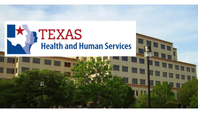 The Texas Health and Human Services logo superimposed in front of the agency's building.