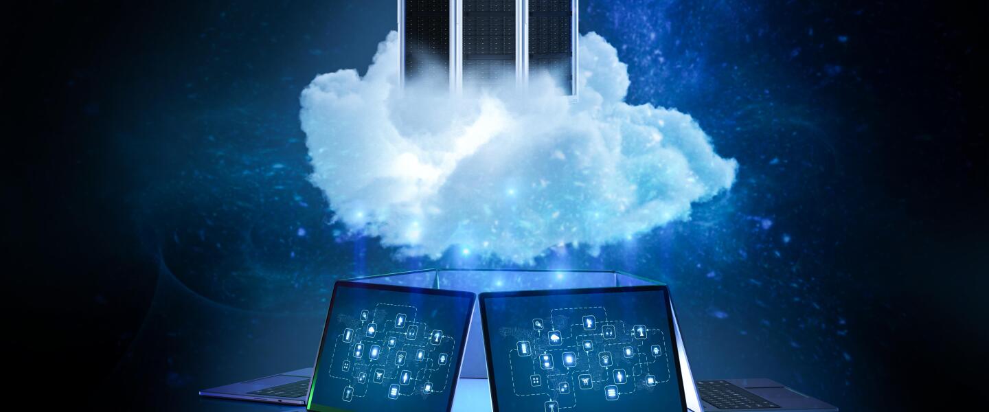 Cloud computing technology concept with 3d rendering cloud with server and computer notebooks