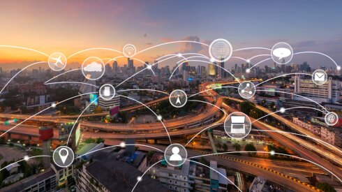 Big city overlaid with connected devices