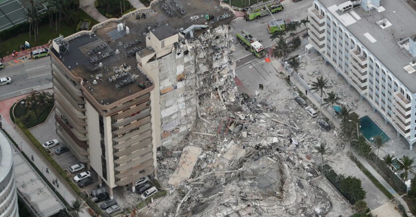 A partially collapsed condo building in Miami, Fla.