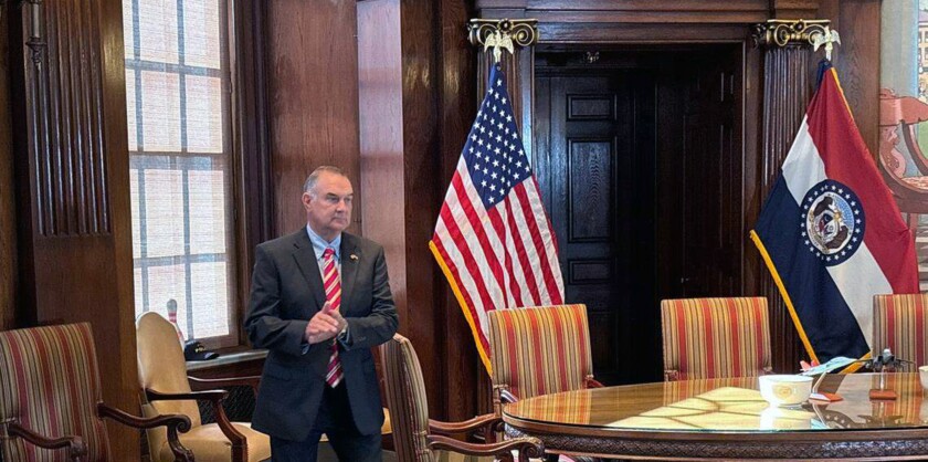 Missouri Gov. Mike Kehoe walks up to a lectern before a news conference at the governor's office in Jefferson City in May 2025. (Jonathan Shorman/The Kansas City Star/TNS)