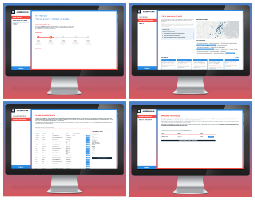 Four computer screens displaying different application pages