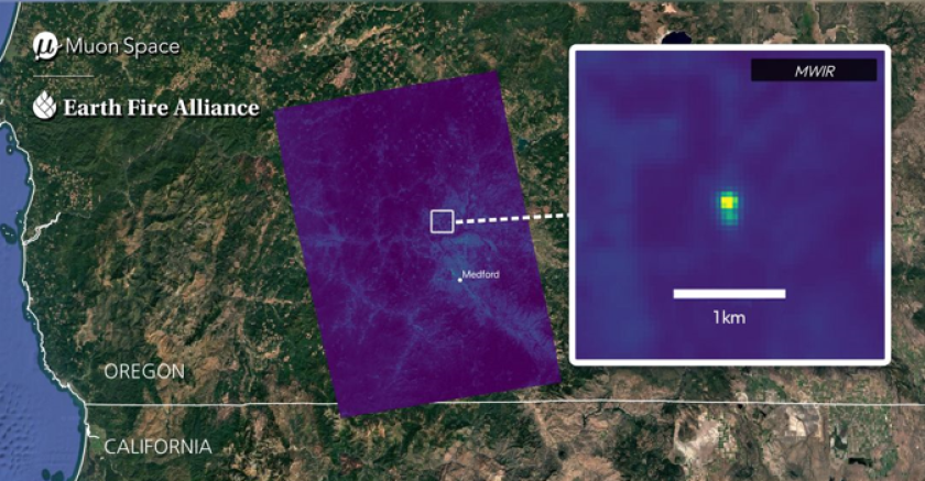 FireSat’s Mid-Wave Infrared (MWIR) channel detects an early-stage fire near Medford, Oregon.