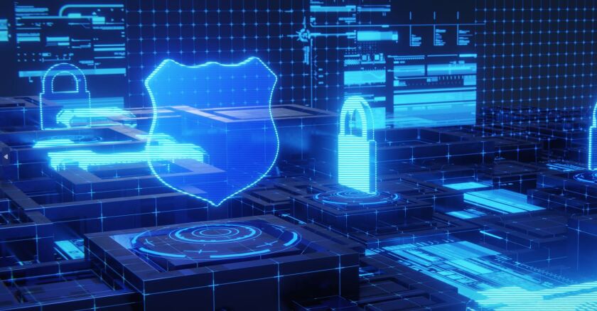 A digital image of a grid with locks and a shield.