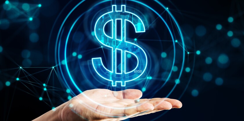 Closeup of a hand palm up with a blue dollar sign hovering above it. Black background.