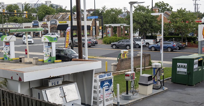 McLean, Va.'s main crossroads, with gas stations on either side of an intersection.