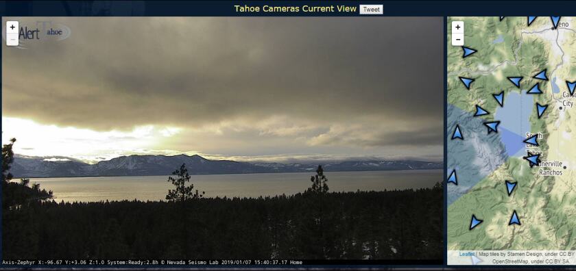 The Nevada Seismological Laboratory site hosts AlertWildfire footage from the Zephyr camera, overlooking Lake Tahoe.