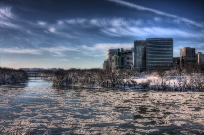 View of Rosslyn, Va., in Arlington County, from across a frozen Potomac.