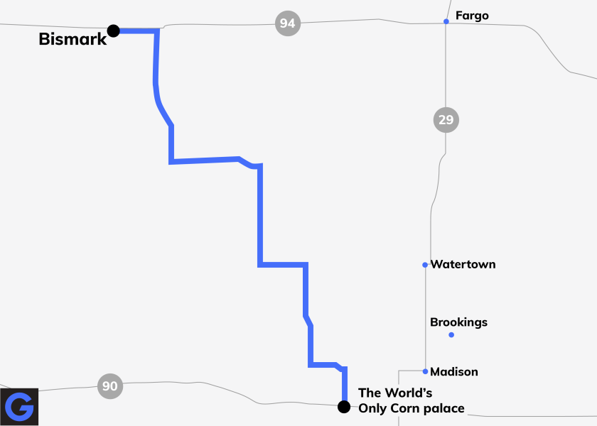 A screenshot of a map showing Clay’s route from Bismarck to Mitchell.