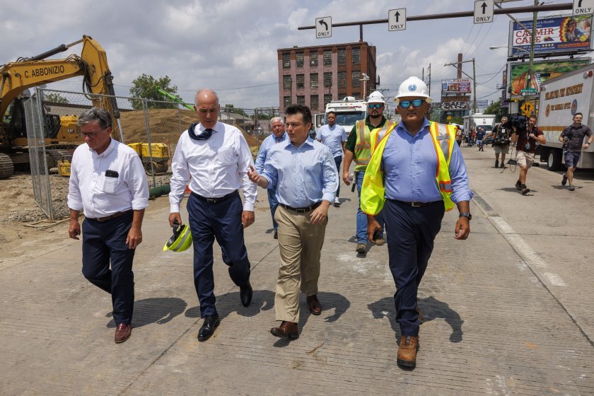 Pennsylvania and federal officials touring the site of the I-95 highway collapse