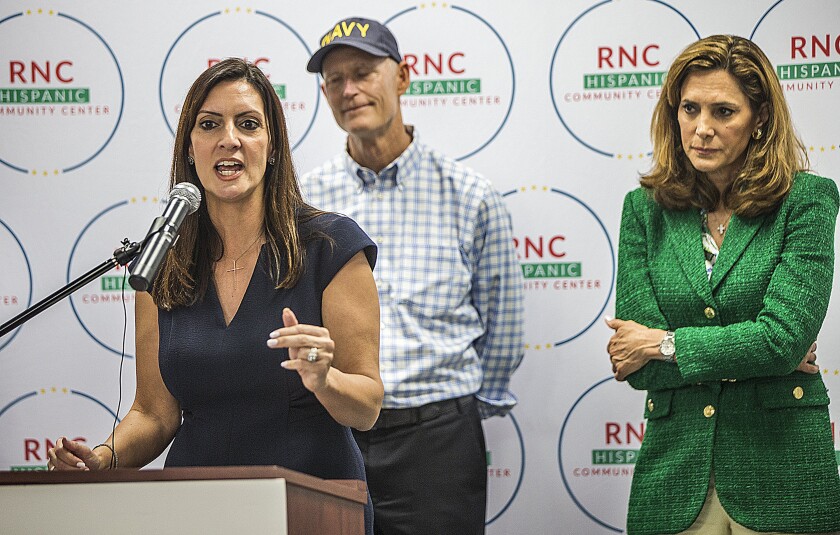 Gov. Jeanette Nuñez joins a group of GOP leaders including, from left, U.S. Sen. Rick Scott and U.S. Congresswoman María Elvira Salazar