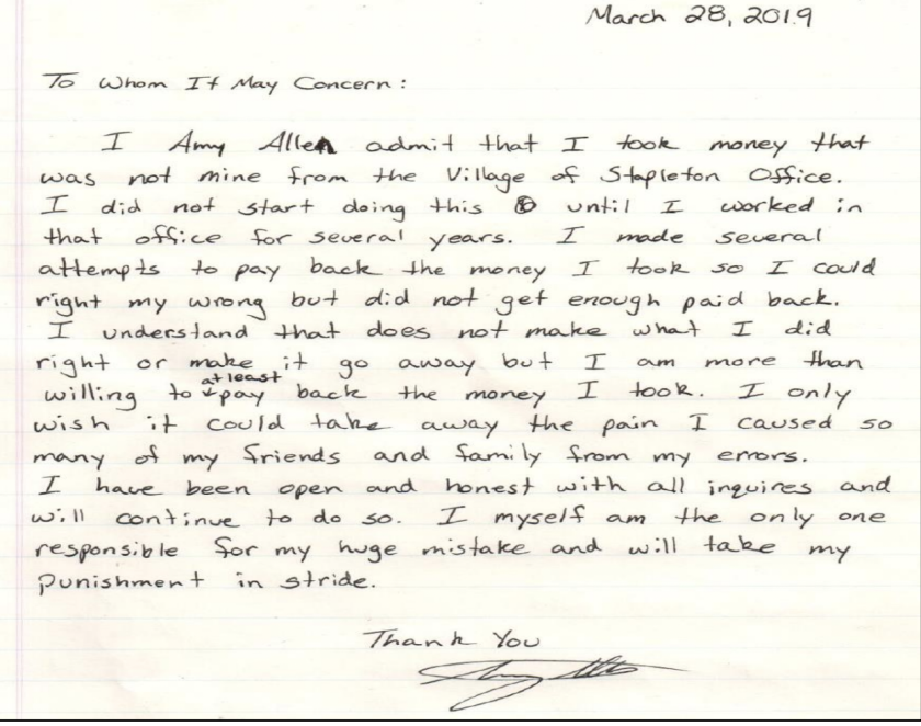 The apology letter that former Stapleton clerk Amy Allen wrote