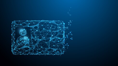 The shape of an ID card formed by light blue data points, on a gradient blue to black background.