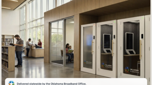 Screenshot of community access portals from the Oklahoma Broadband Office's website. Image shows multiple portals in a library with patrons nearby. The text overlaying the picture says "Delivered statewide by the Oklahoma Broadband Office."